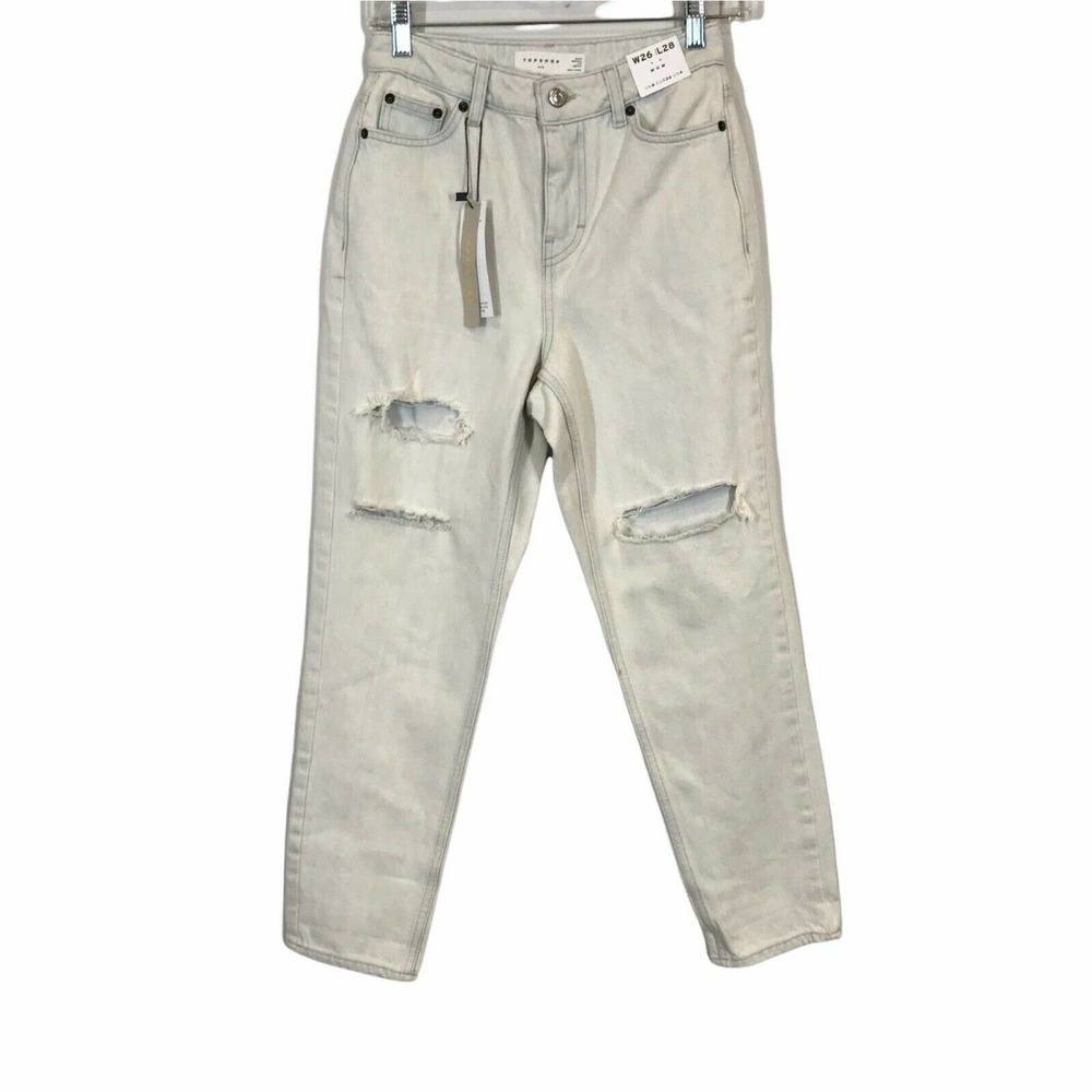 Topshop Womens White Washed Distressed High Waist Tapered Leg Mom Jeans Size 4 P